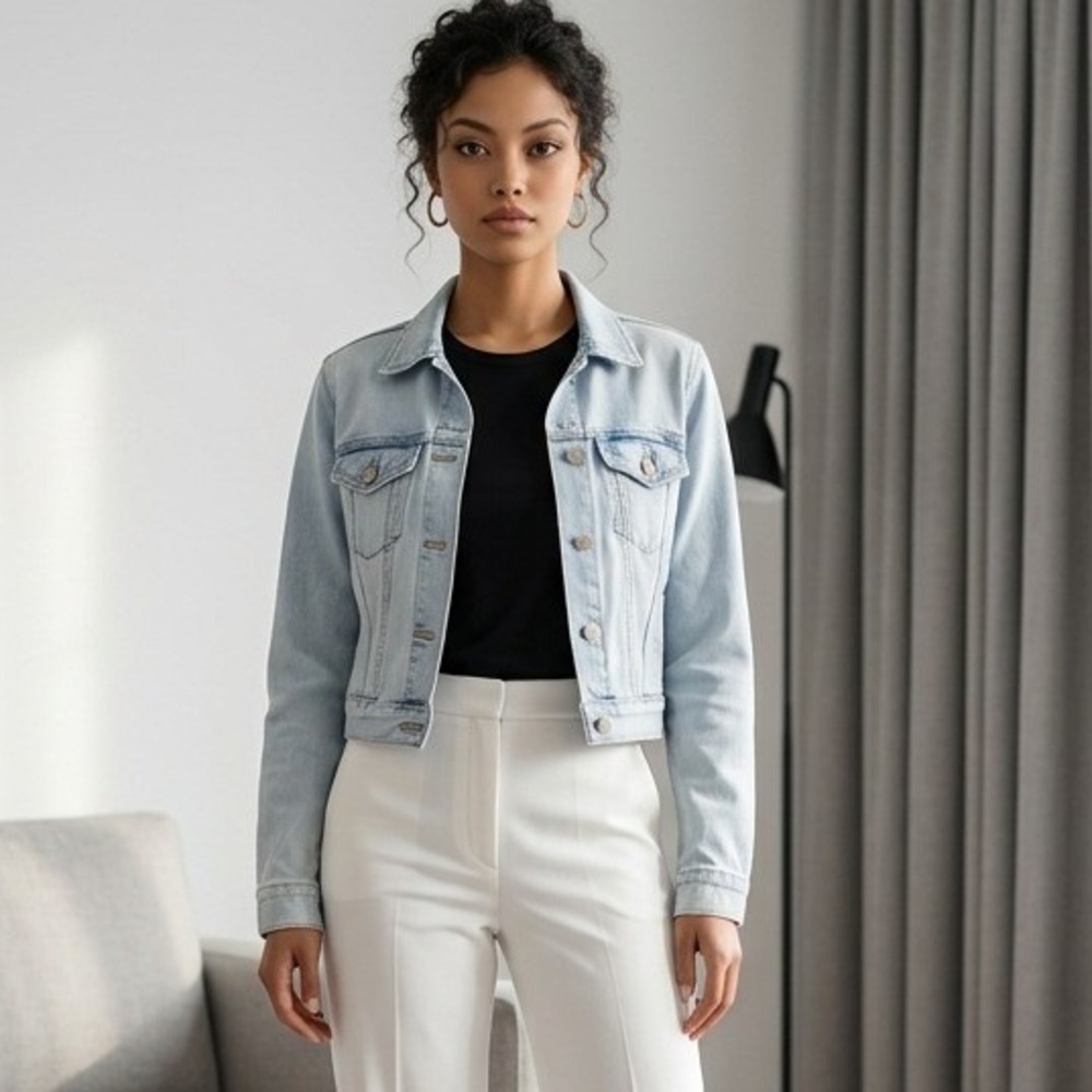 &Denim Cropped Jean Jacket Light Wash Y2K Fall Vampire Diaries Boxy Size 8
